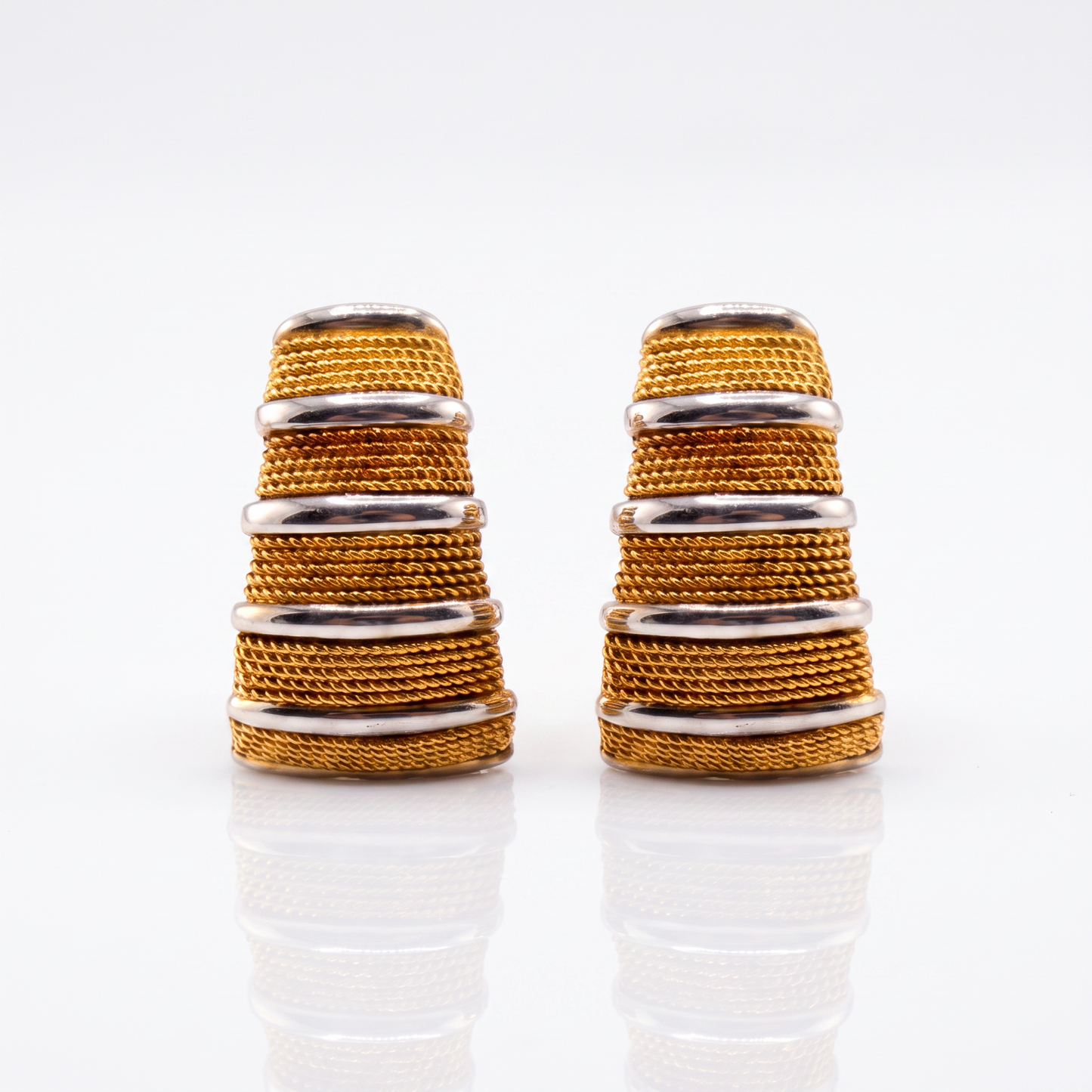 18kt Two-Tone Gold Tapered Woven Hoops Omega Backs Vintage