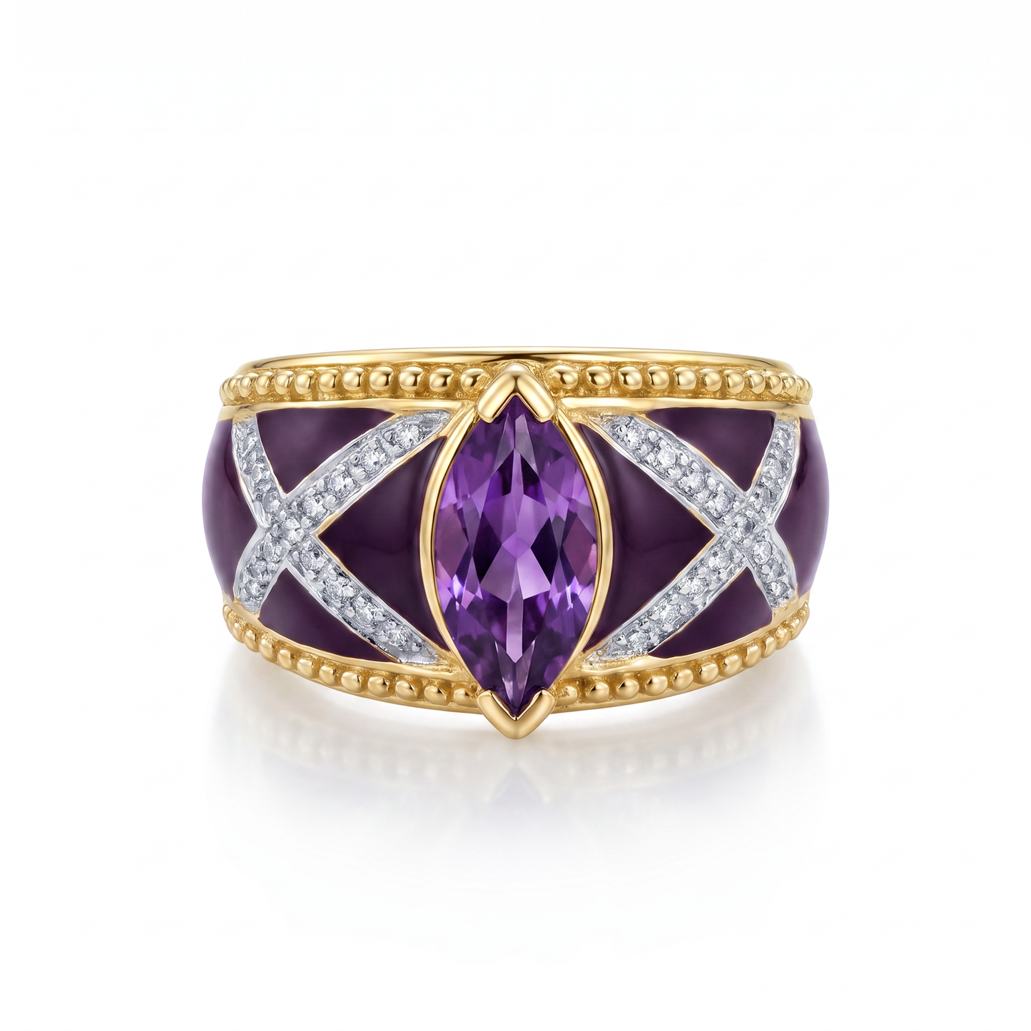 14kt Yellow Gold Amethyst Diamond Enamel Estate Ring