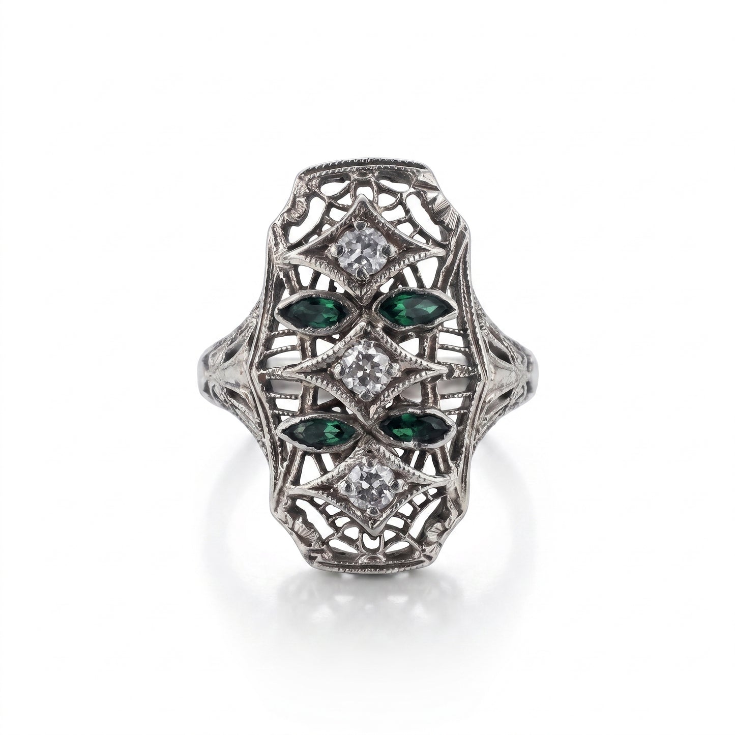 14kt White Gold Diamond & Synthetic Emerald Filigree Ring 1930s