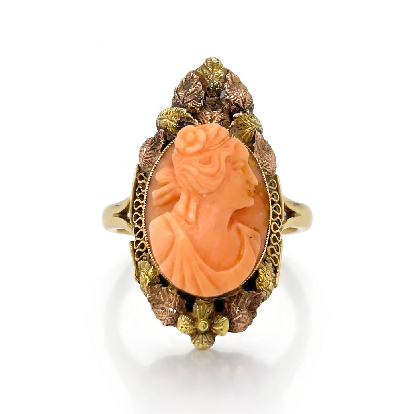 Antique 14kt Gold Coral Cameo Ring 1890s Size 4