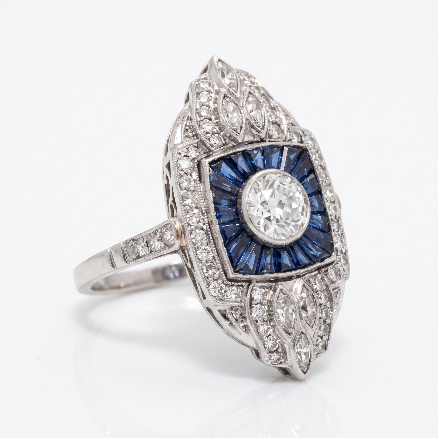 .68ct Old European Diamond 2.12ct French-Cut Sapphire Platinum Ring