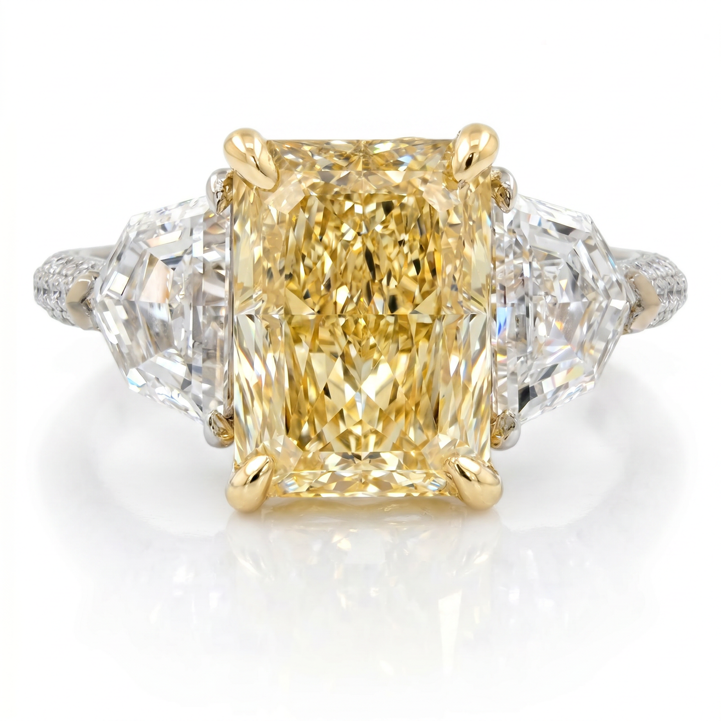 14kt Three Stone Fancy Yellow Radiant & Cadillacs Lab Grown Engagement Ring