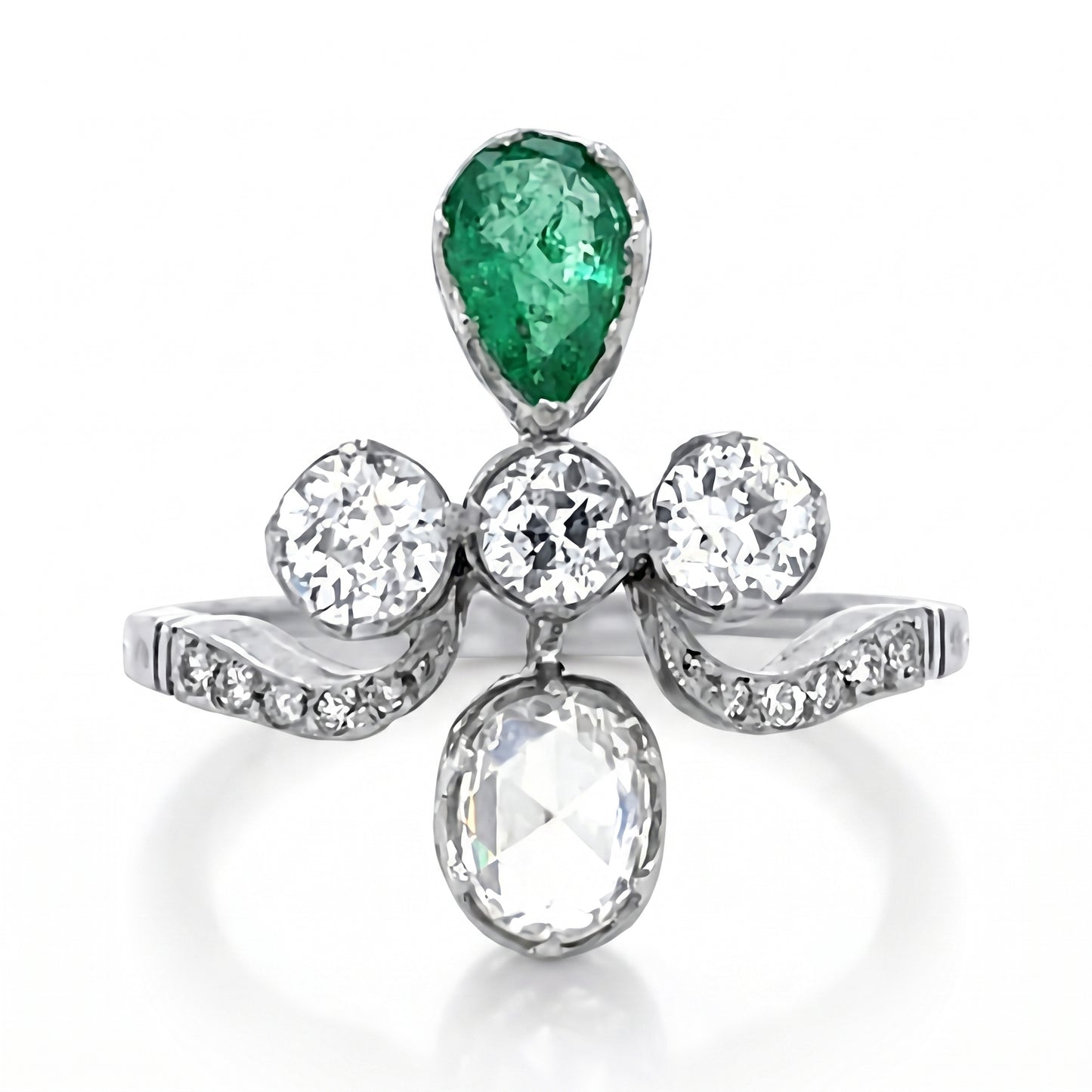 Rose-Cut Diamond & Pear Emerald Ring in Platinum & 14K Gold