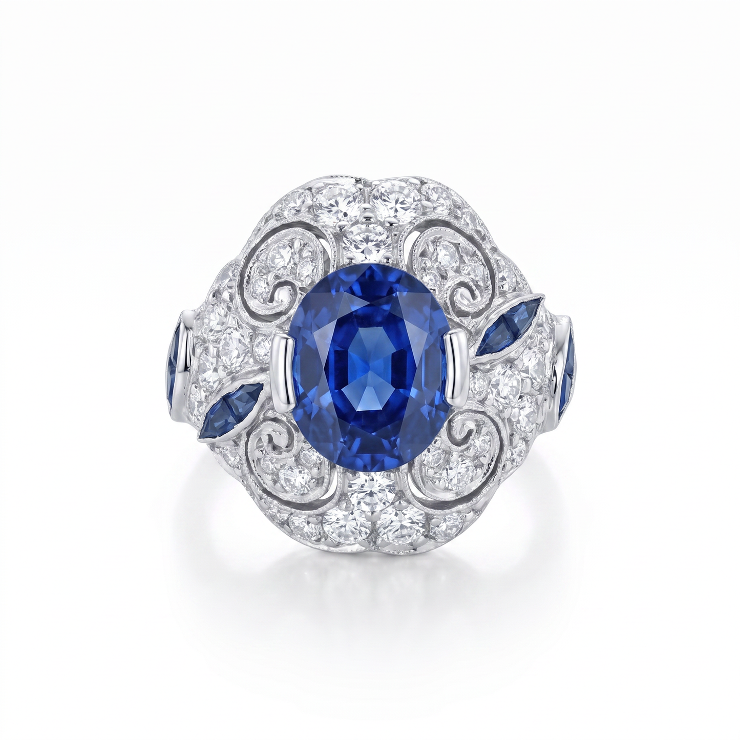Platinum Art Deco Diamond & Sapphire Ring 1930s 2.63ct Size 6.5