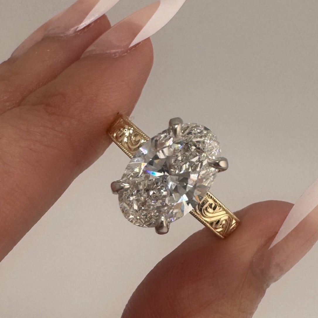 3ct Oval Cut Lab Grown Engraved Shank Engagement Ring