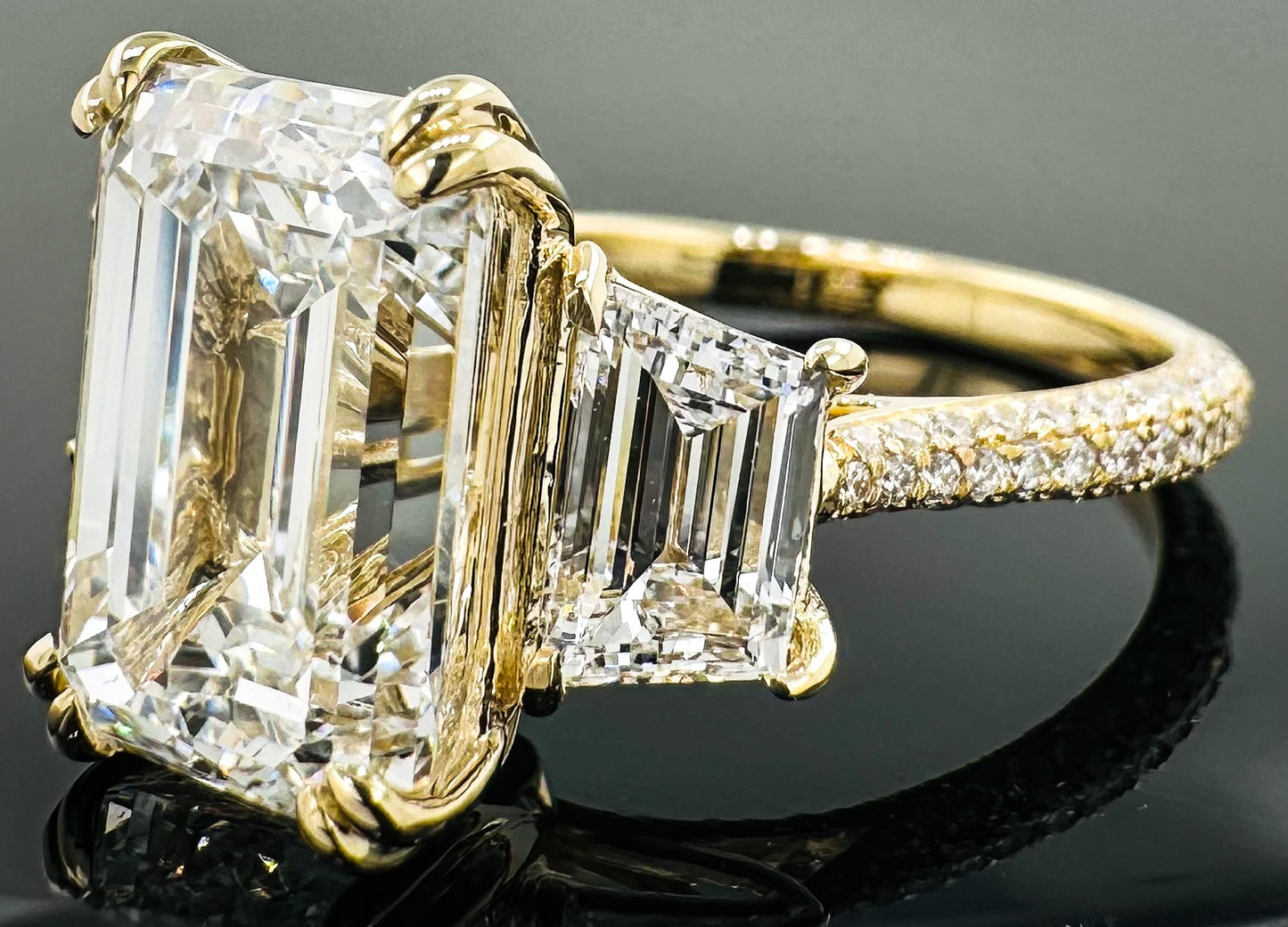 14kt Three Stone Emerald Cut & Trapezoid Lab Grown Engagement Ring 6.6ctw image 2