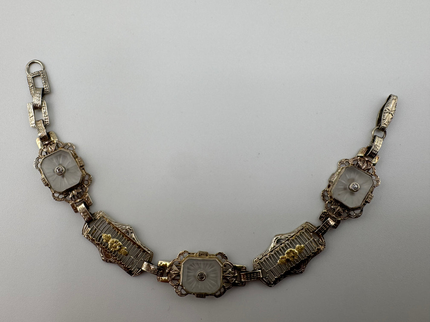 10kt White Gold Crystal & Diamond Filigree Bracelet 1920s