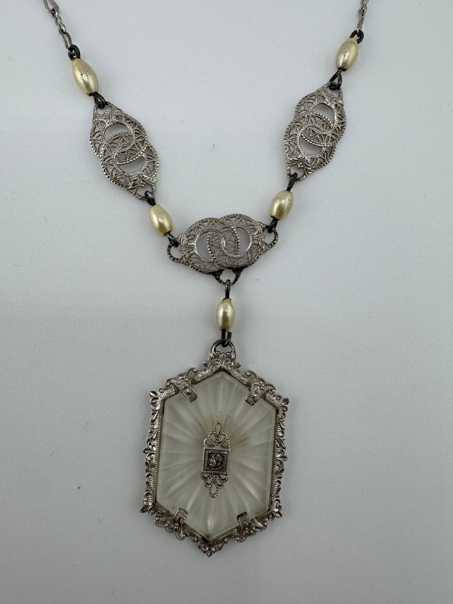 Vintage Base Metal Camphor Glass Necklace 1920s-30s Art Deco