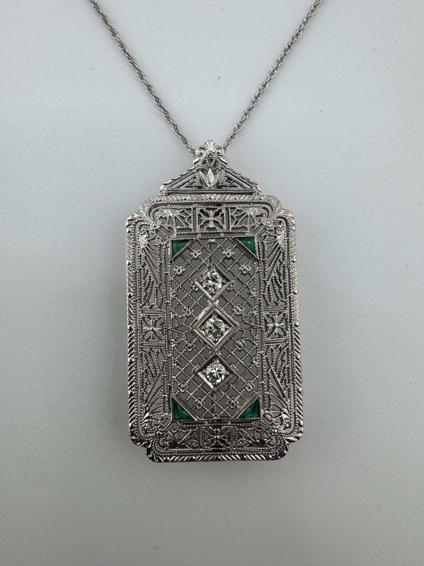 14kt White Gold Diamond & Synthetic Emerald Filigree Pendant