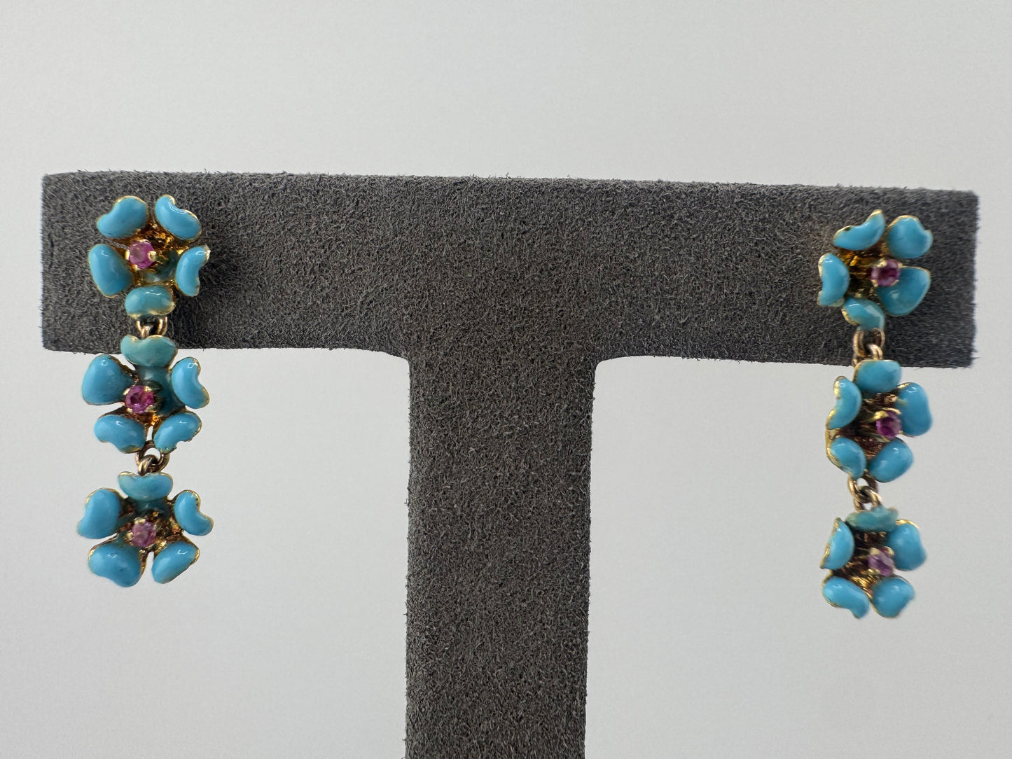 18kt Yellow Gold Ruby & Enamel Floral Earring Drops 1920s