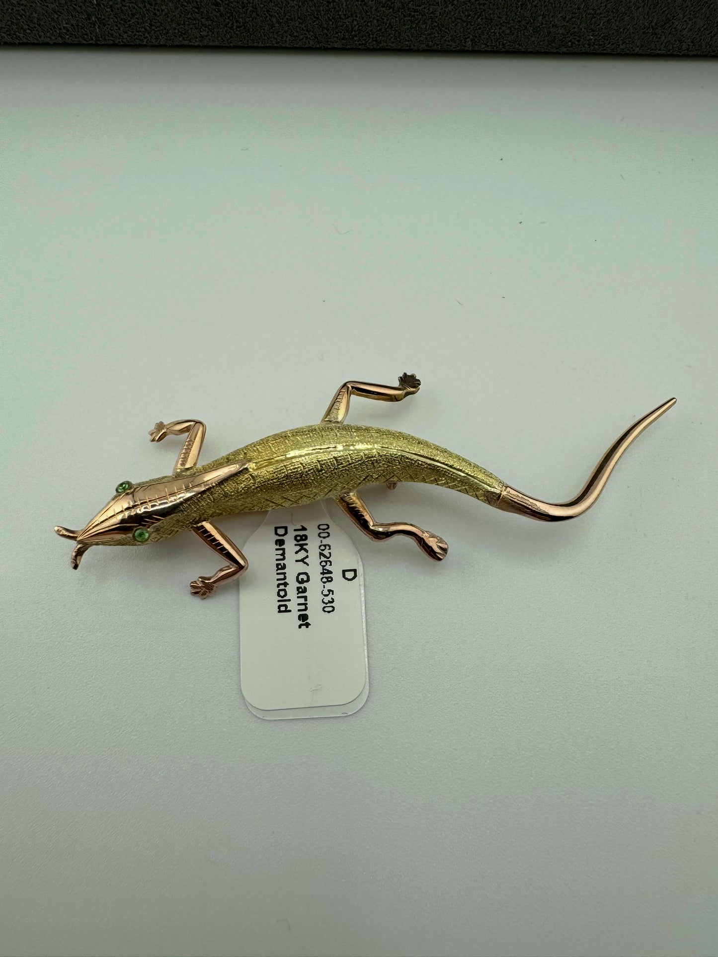 18kt Yellow Gold Lizard Brooch Demantoid Garnet Eyes Mid-Century