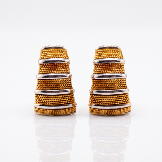 18kt Two-Tone Gold Tapered Woven Hoops Omega Backs Vintage