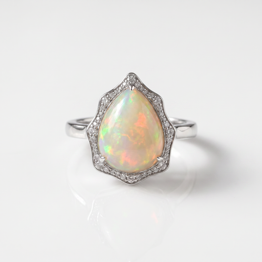 14kt White Gold 11.98ct Ethiopian Opal .44ctw Diamond Cocktail Ring