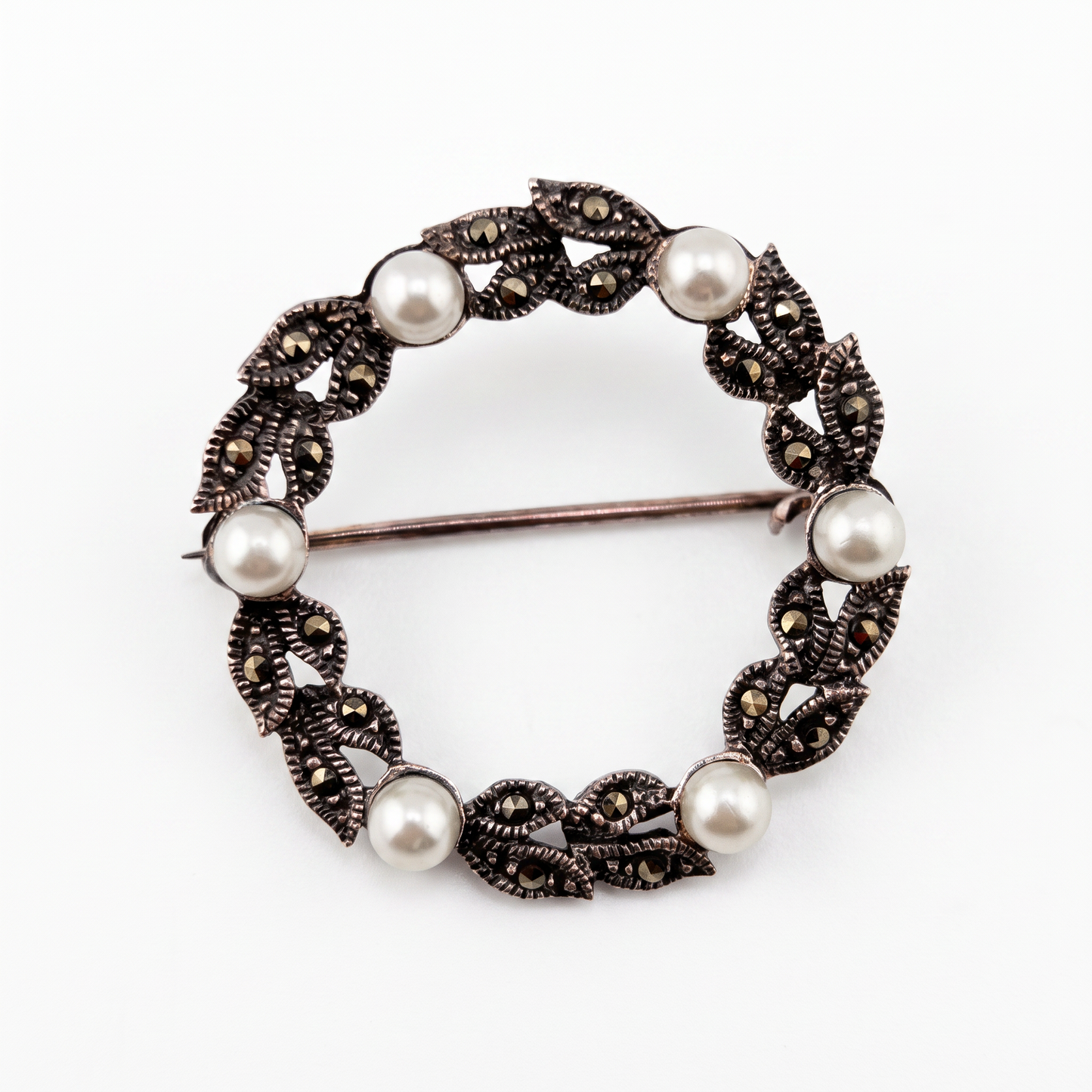 Sterling Silver Pearl & Marcasite Brooch Pin