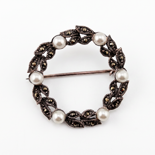 Sterling Silver Pearl & Marcasite Brooch Pin