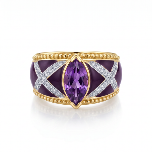 14kt Yellow Gold Amethyst Diamond Enamel Estate Ring