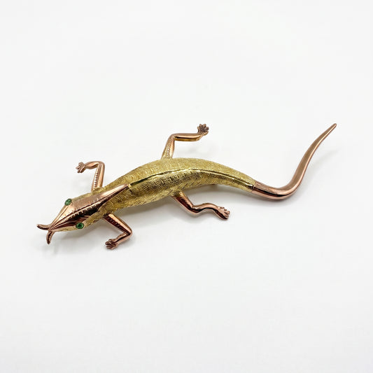 18kt Yellow Gold Lizard Brooch Demantoid Garnet Eyes Mid-Century