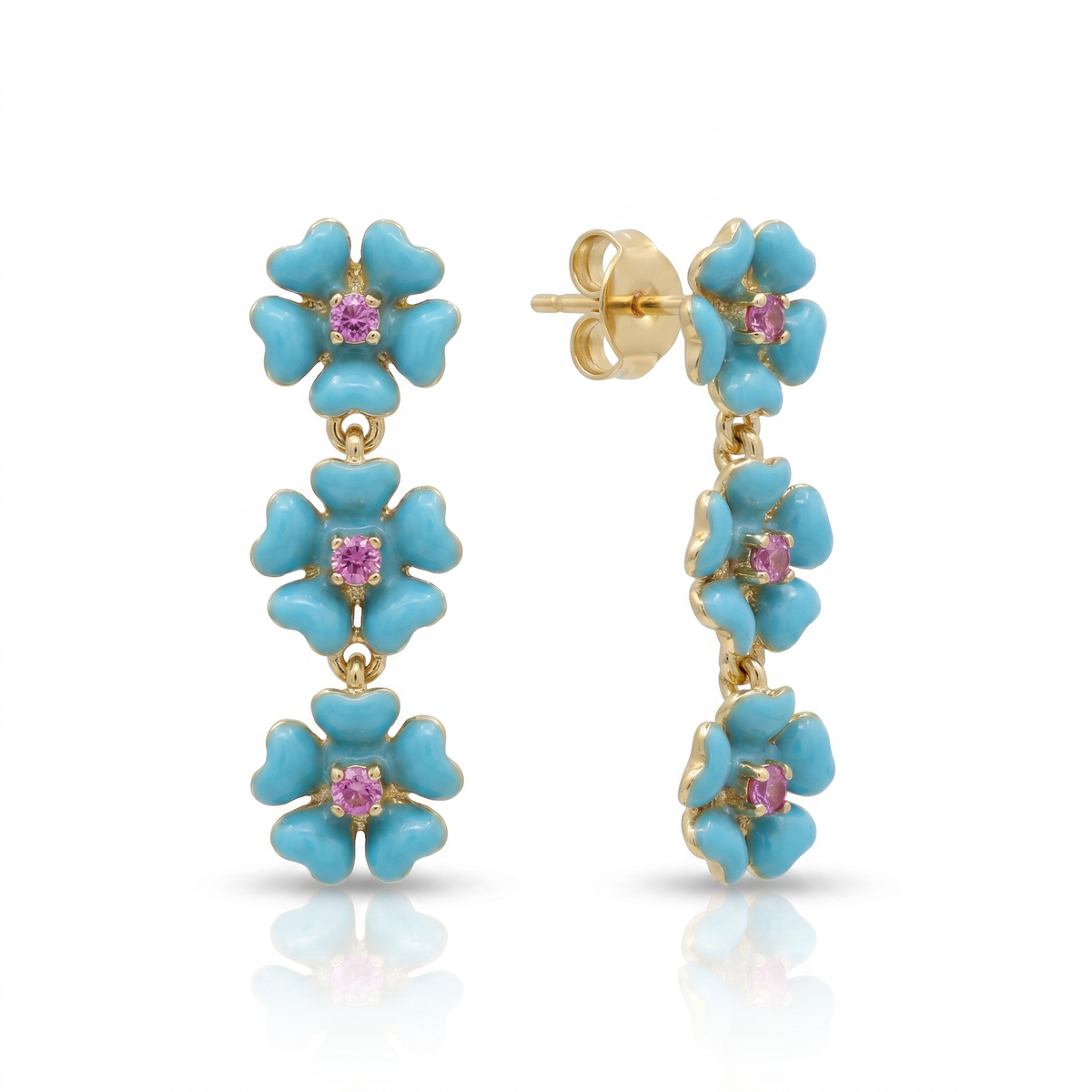 18kt Yellow Gold Ruby & Enamel Floral Earring Drops 1920s