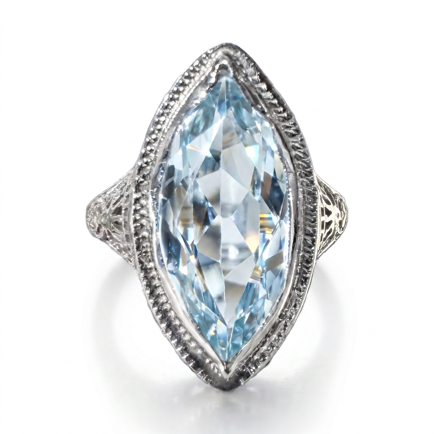14kt White Gold Aquamarine Marquise Ring 1920s Vintage