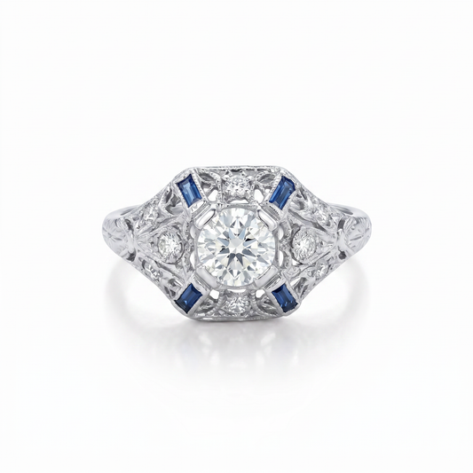 Antique 1920s Platinum .47ct Euro Diamond Ring with .20ct Sides