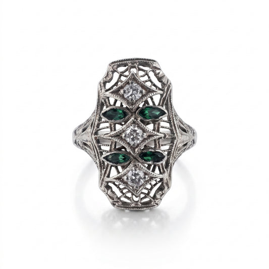 14kt White Gold Diamond & Synthetic Emerald Filigree Ring 1930s