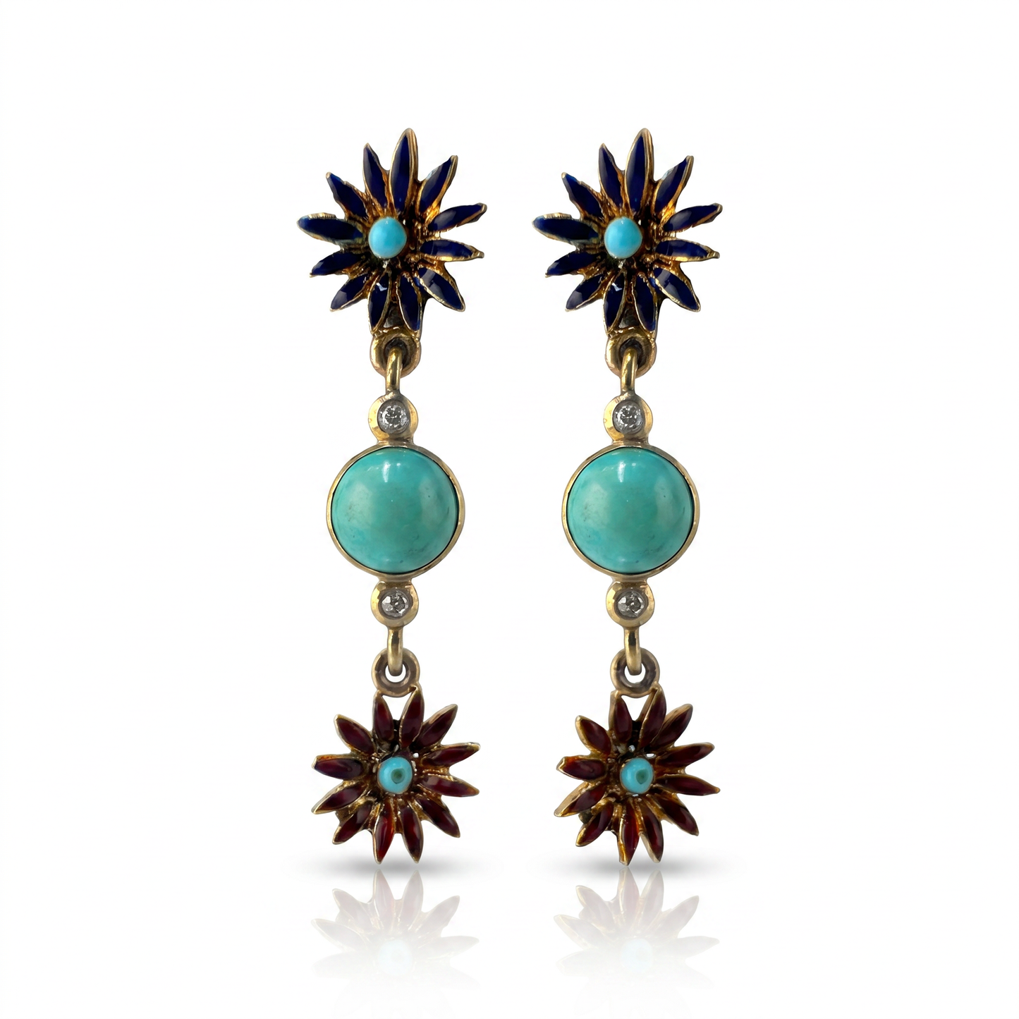 14kt/18kt Yellow Gold Turquoise & Enamel Earrings 1920s-30s