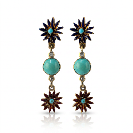 14kt/18kt Yellow Gold Turquoise & Enamel Earrings 1920s-30s