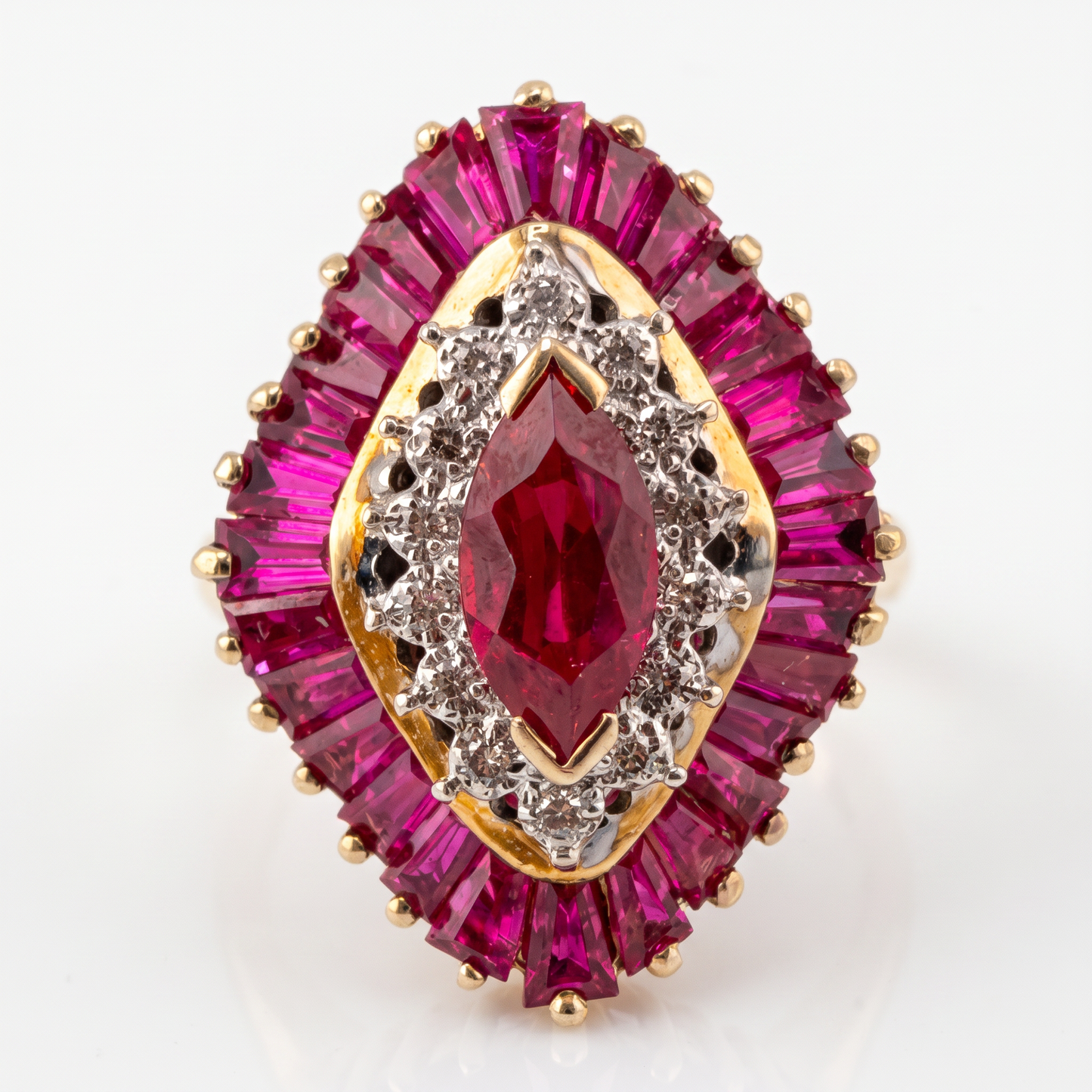 10kt Gold Synthetic Ruby & Diamond Ballerina Halo Ring