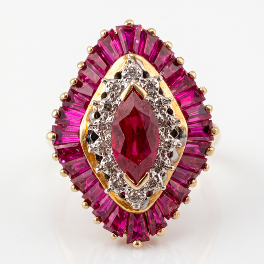 10kt Gold Synthetic Ruby & Diamond Ballerina Halo Ring