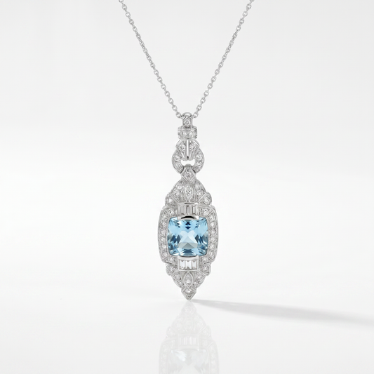 Art Deco Aquamarine Diamond Platinum Pendant 1930s Vintage