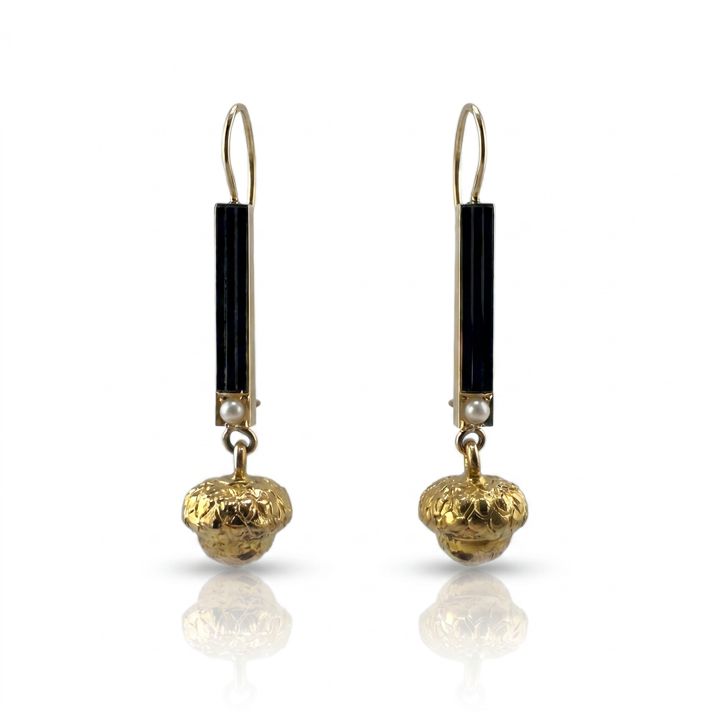 14k Gold Enamel & Pearl Acorn Earrings - Vintage 1930s