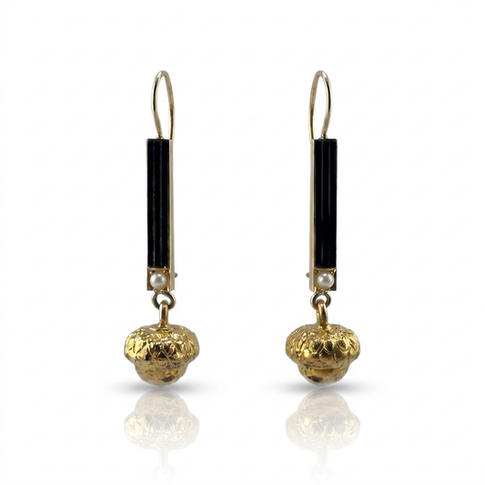 14k Gold Enamel & Pearl Acorn Earrings - Vintage 1930s