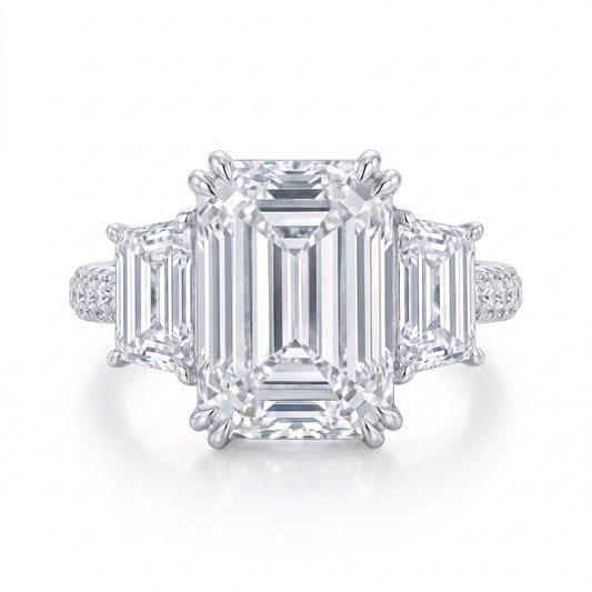 Three Stone Emerald Cut Lab Grown Diamond Engagement Ring 6.6ct