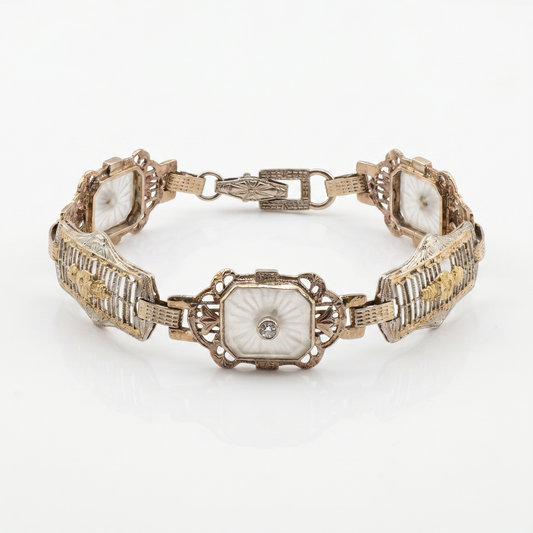 10kt White Gold Crystal & Diamond Filigree Bracelet 1920s