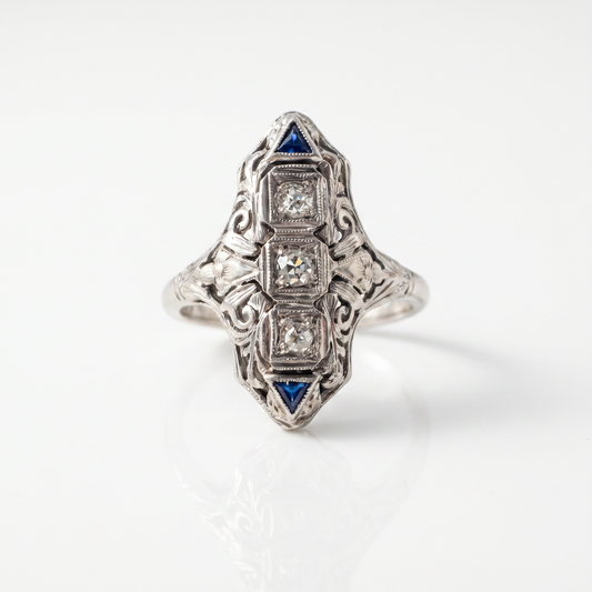 18kt White Gold Diamond & Sapphire Filigree Ring 1930s