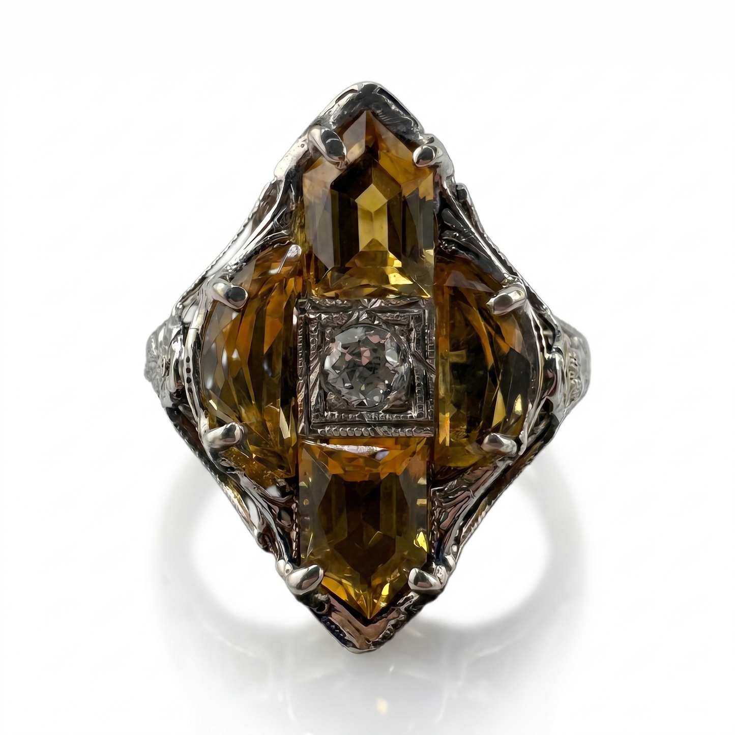 14kt White Gold Diamond & Citrine Ring 1930s Vintage