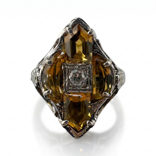 14kt White Gold Diamond & Citrine Ring 1930s Vintage