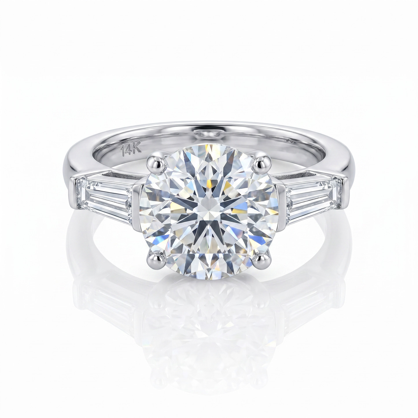 14kt Three Stone Round & Baguette Lab Grown Engagement Ring 3.30ctw