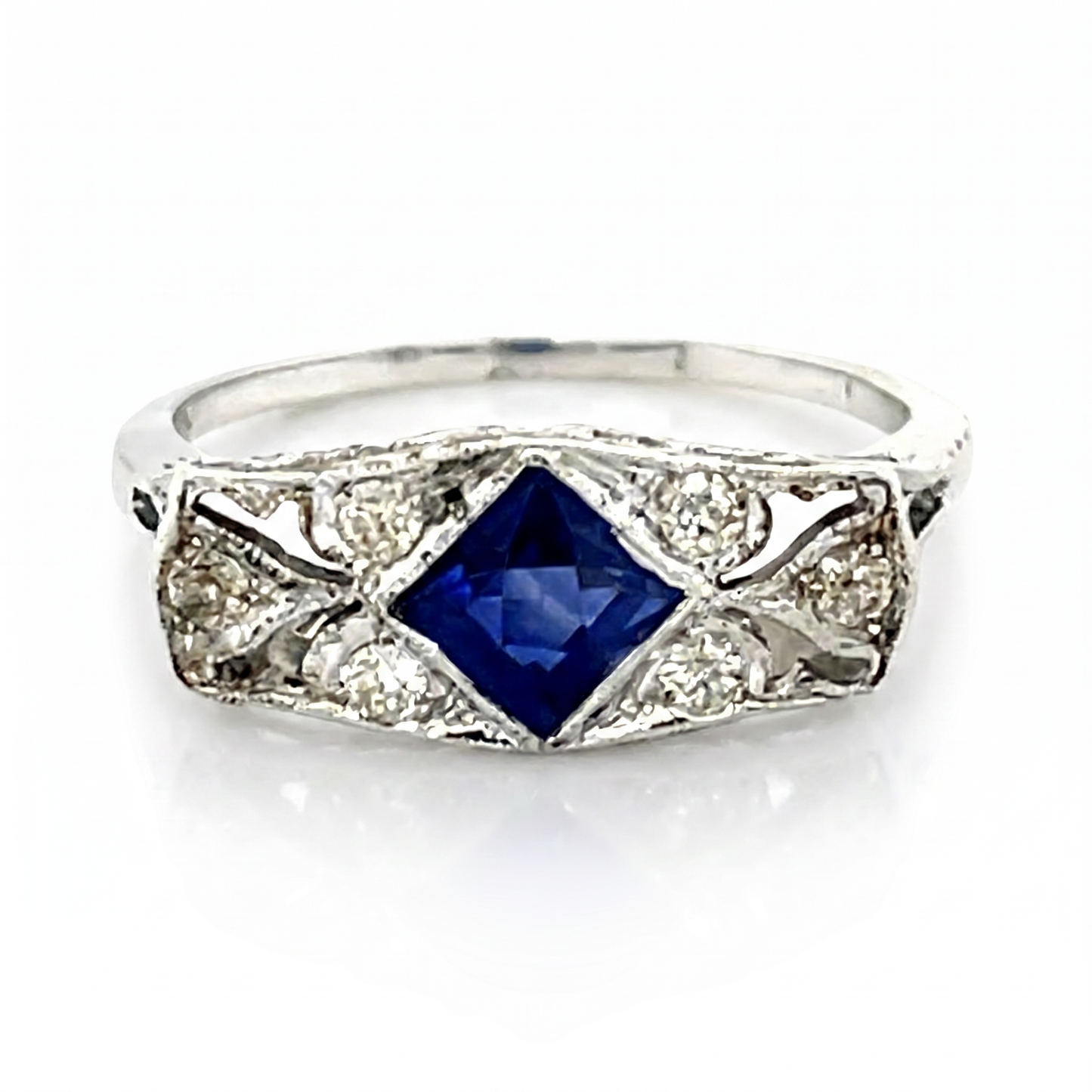 Vintage Art Deco Platinum Diamond & Blue Stone Ring 1920s