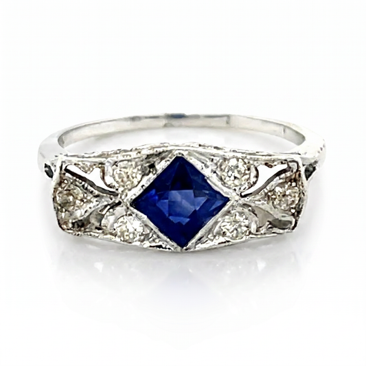 Vintage Art Deco Platinum Diamond & Blue Stone Ring 1920s