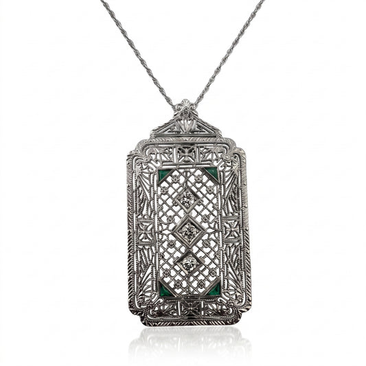 14kt White Gold Diamond & Synthetic Emerald Filigree Pendant
