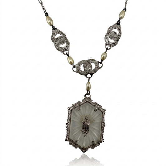 Vintage Art Deco Camphor Glass Necklace 1920s-30s Base Metal