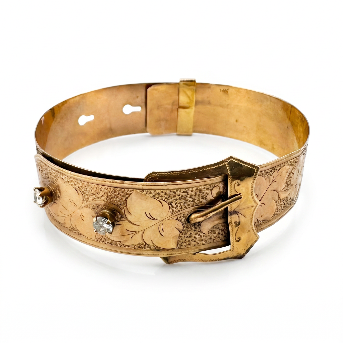 1910s 14kt Gold Diamond Belt Bracelet with Leaf Etching