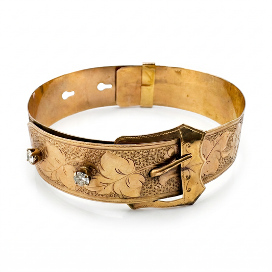 1910s 14kt Gold Diamond Belt Bracelet with Leaf Etching