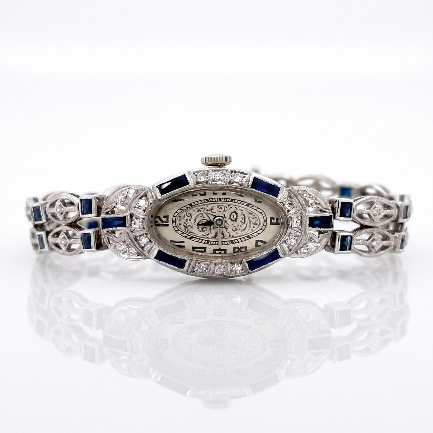 Vintage 1930s Art Deco 14K White Gold Diamond Sapphire Watch