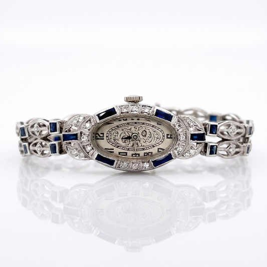 Vintage 1930s Art Deco 14K White Gold Diamond Sapphire Watch