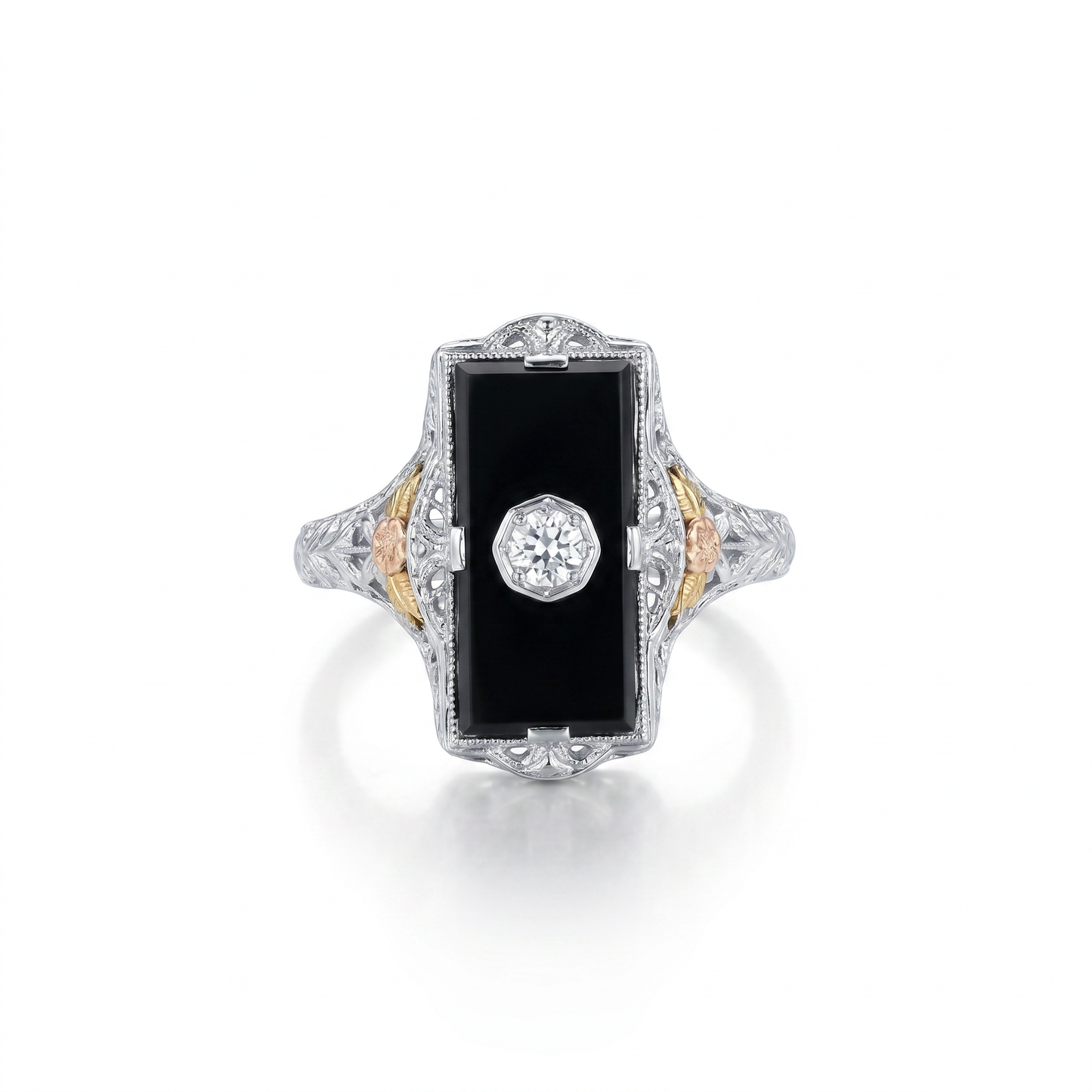 14kt White Gold Diamond & Onyx Ring - 1930s Vintage