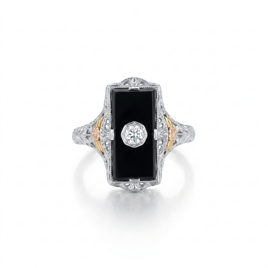 14kt White Gold Diamond & Onyx Ring - 1930s Vintage
