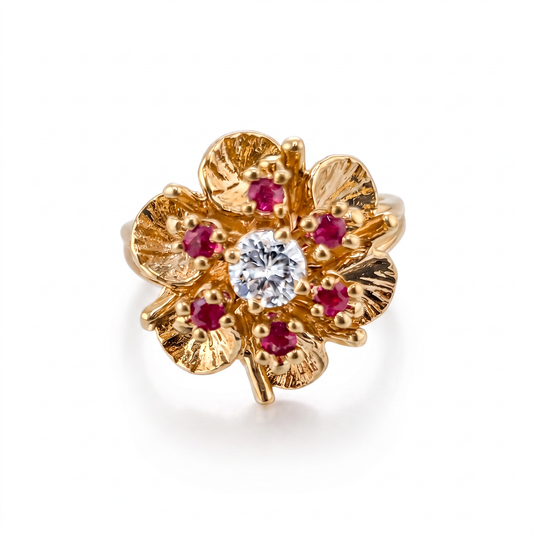 10kt Yellow Gold Diamond & Ruby Cluster Ring 1970s .33ct