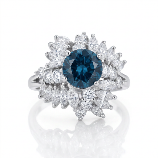 2ctw Diamond 4.35ct Cambodian Blue Zircon Platinum Vintage Cocktail Ring